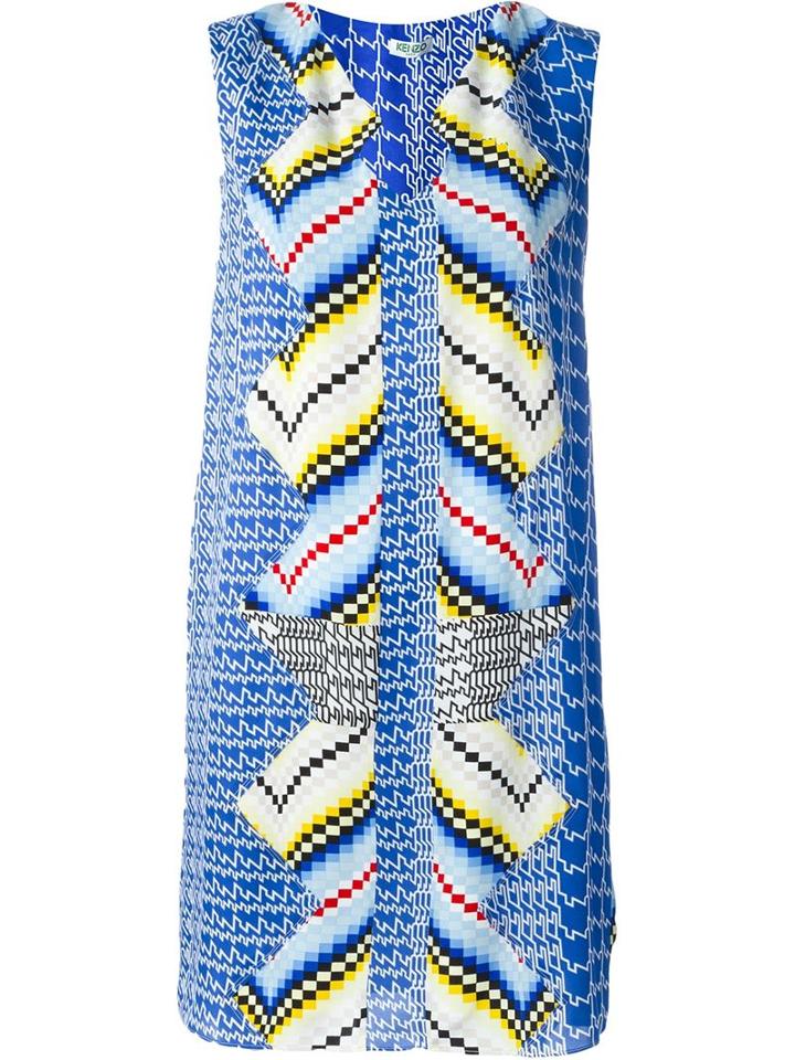 Kenzo Chevron And Diagonal Stripes Dress, Women's, Size: 40, Blue, Silk/polyester