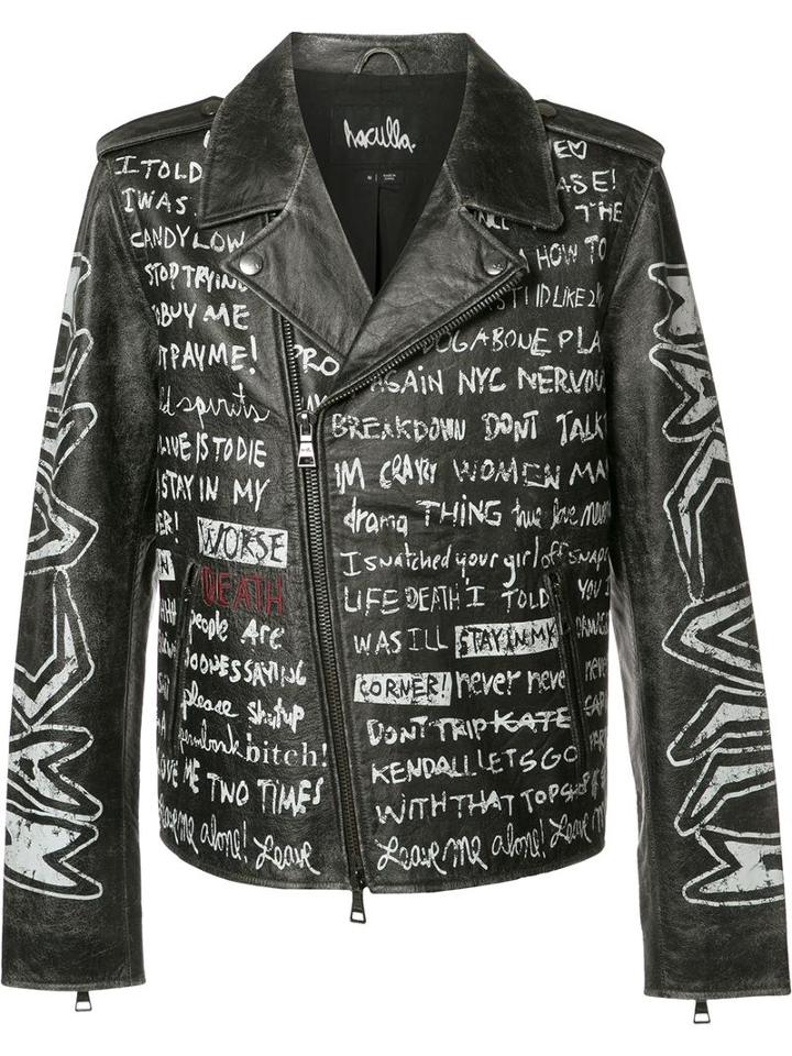 Haculla Text Print Biker Jacket, Men's, Size: Xl, Black, Leather