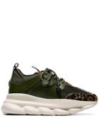 Versace Khaki Green Chain Reaction Leopard Print Low-top Leather