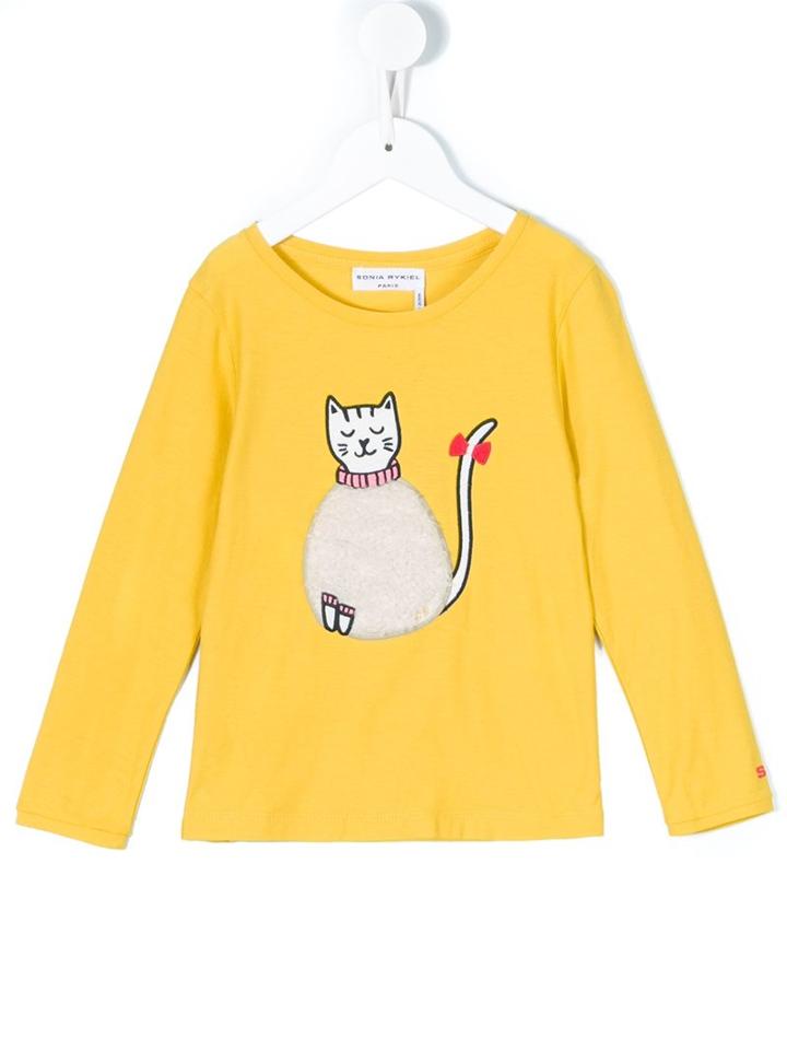 Rykiel Enfant Cat Embroidered T-shirt, Girl's, Size: 6 Yrs, Yellow/orange