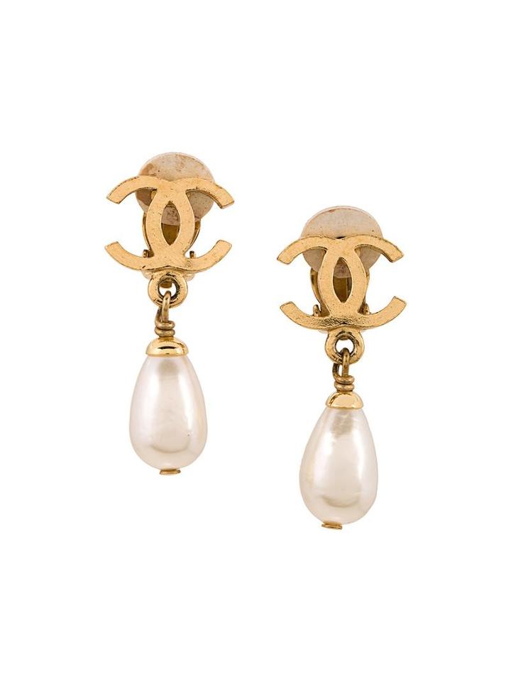 Chanel Vintage Faux Pearl Logo Earrings, Women's, Metallic