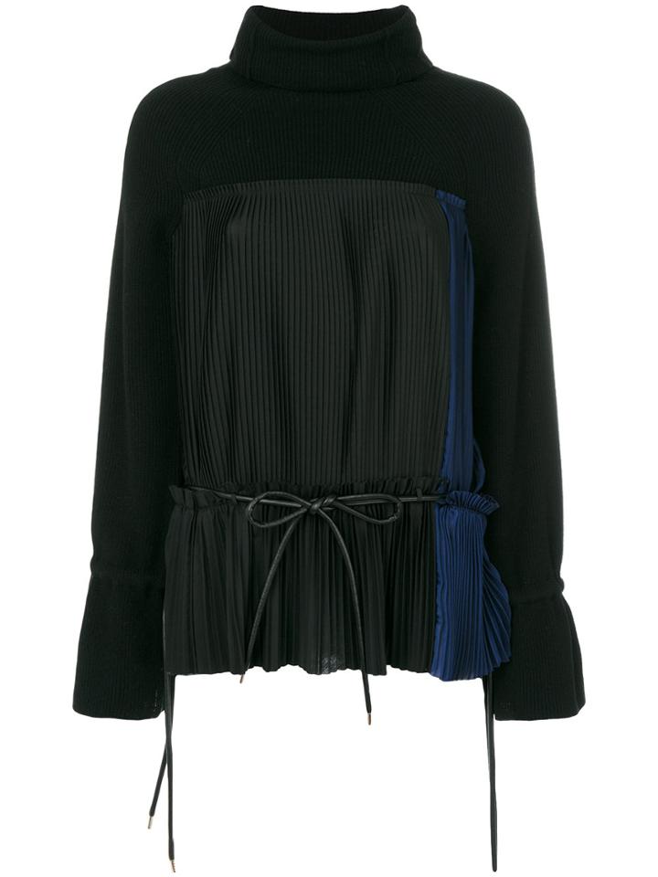 Sacai Belted Plissé Panel Sweater - Black