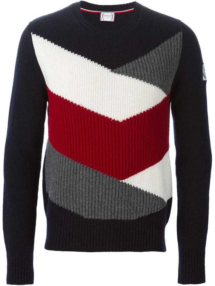 Moncler Gamme Bleu Colour Block Ribbed Sweater, Men's, Size: Xl, Blue, Virgin Wool
