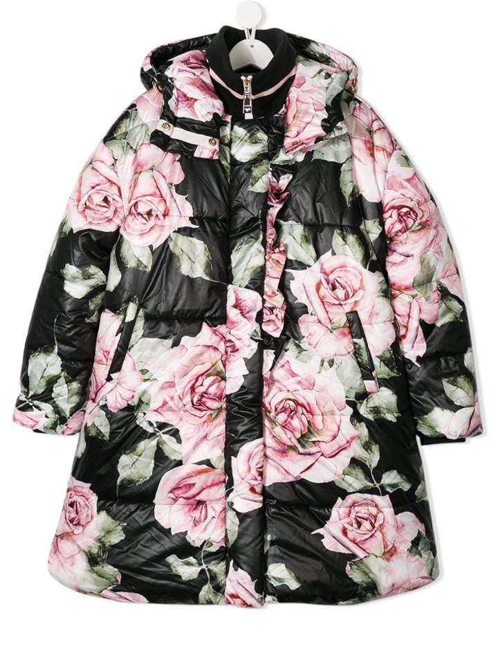 Monnalisa Floral Print Padded Coat - Black