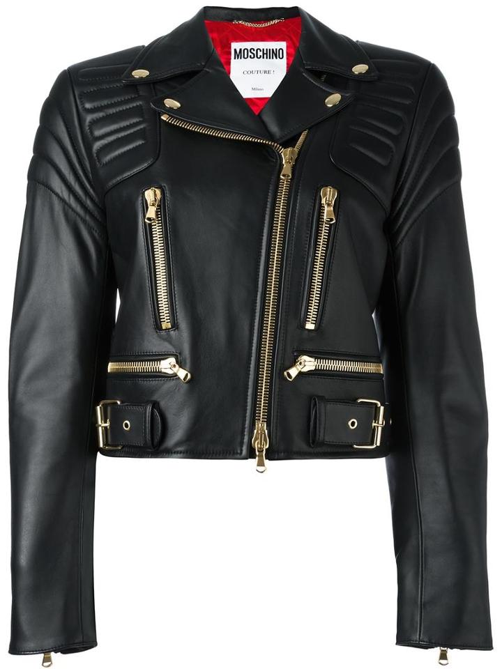 Moschino Cropped Biker Jacket, Women's, Size: 40, Black, Polyester/rayon/sheep Skin/shearling