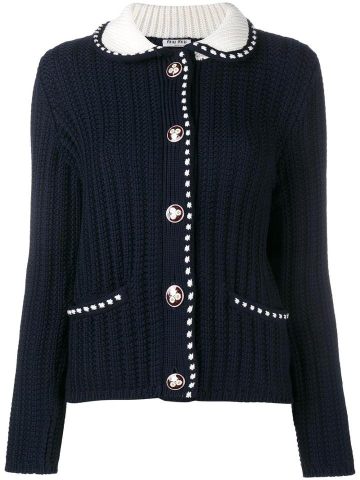 Miu Miu Contrast Stitching Cable Knit Cardigan, Women's, Size: 42, Blue, Virgin Wool