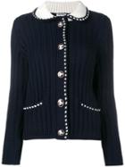 Miu Miu Contrast Stitching Cable Knit Cardigan, Women's, Size: 42, Blue, Virgin Wool