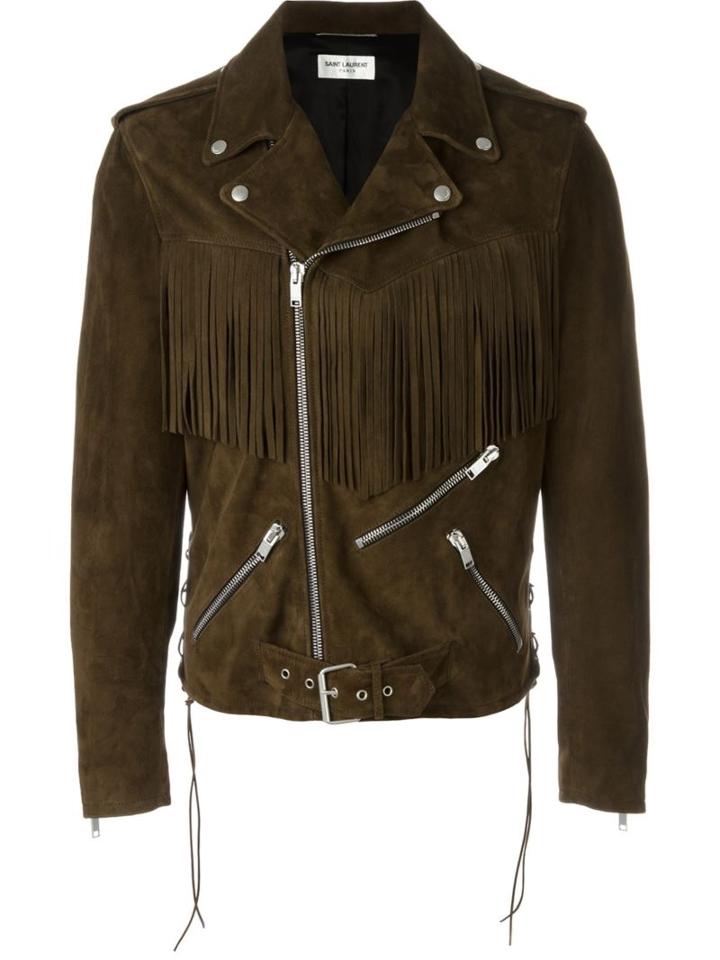 Saint Laurent Fringed Motorcycle Jacket, Men's, Size: 46, Brown, Cotton/cupro/goat Suede