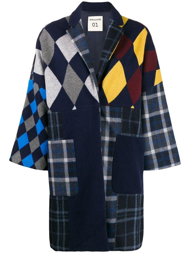 Semicouture Oversized Patchwork Coat - Blue