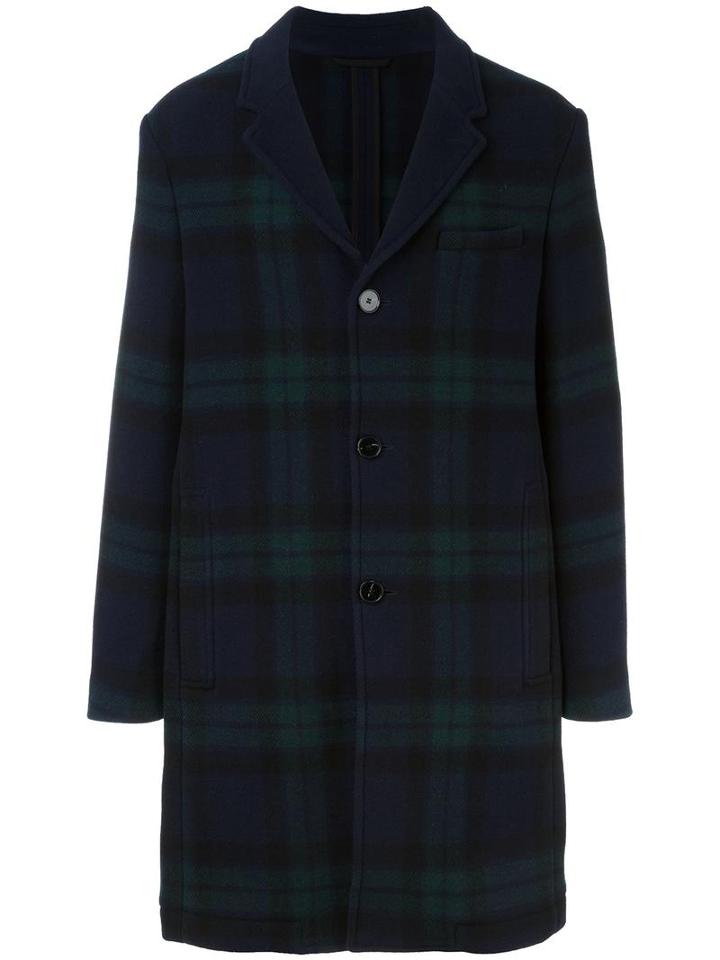 Carven Classic Checked Coat, Men's, Size: 50, Blue, Cotton/viscose/wool/polyacrylic