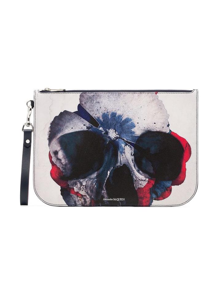 Alexander Mcqueen White Flower Skull Print Leather Pouch - Blue