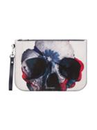 Alexander Mcqueen White Flower Skull Print Leather Pouch - Blue