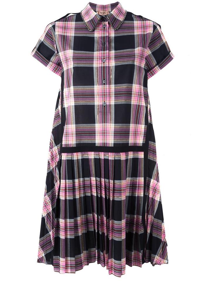 No21 Checked Shirt Dress, Women's, Size: 44, Pink/purple, Cotton/glass/metal