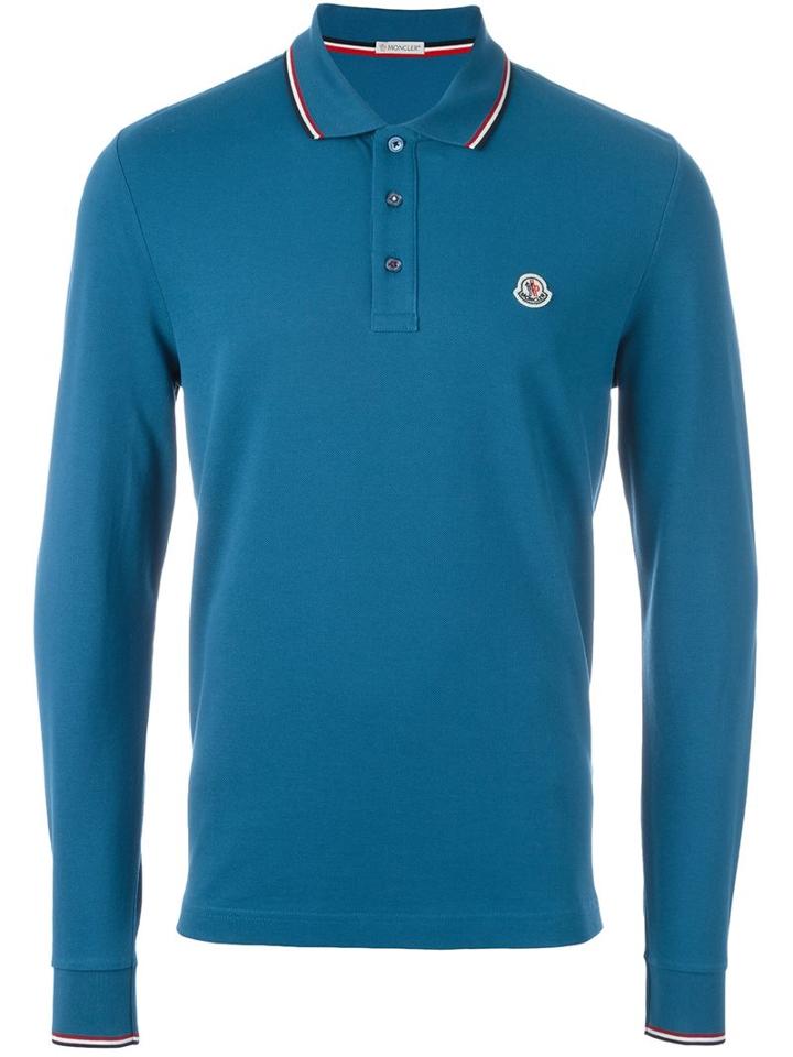 Moncler Long Sleeve Logo Polo Shirt, Men's, Size: Large, Blue, Cotton