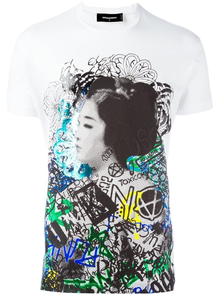 Dsquared2 Graffiti Geisha Print T-shirt, Men's, Size: Medium, White, Cotton