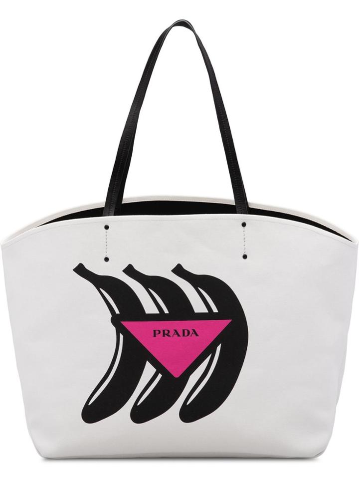 Prada Large Canvas Tote With Logo Print - White