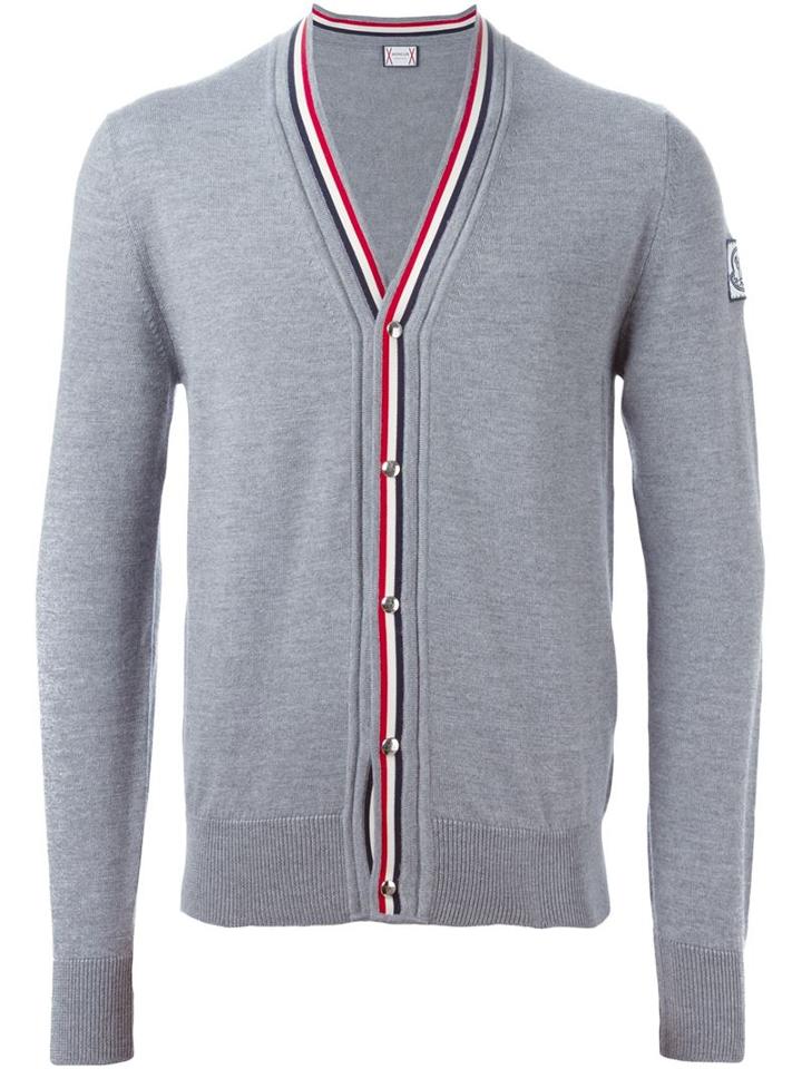 Moncler Gamme Bleu V-neck Piped Cardigan, Men's, Size: Large, Grey, Virgin Wool