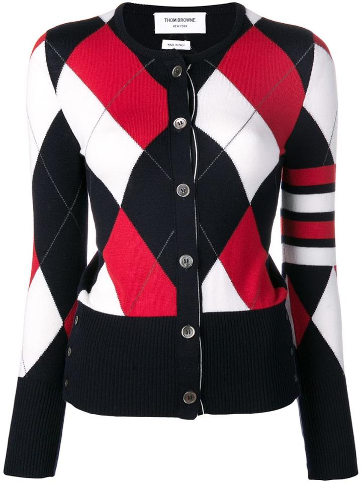 Thom Browne 4-bar Argyle Merino Crewneck Cardigan - Blue