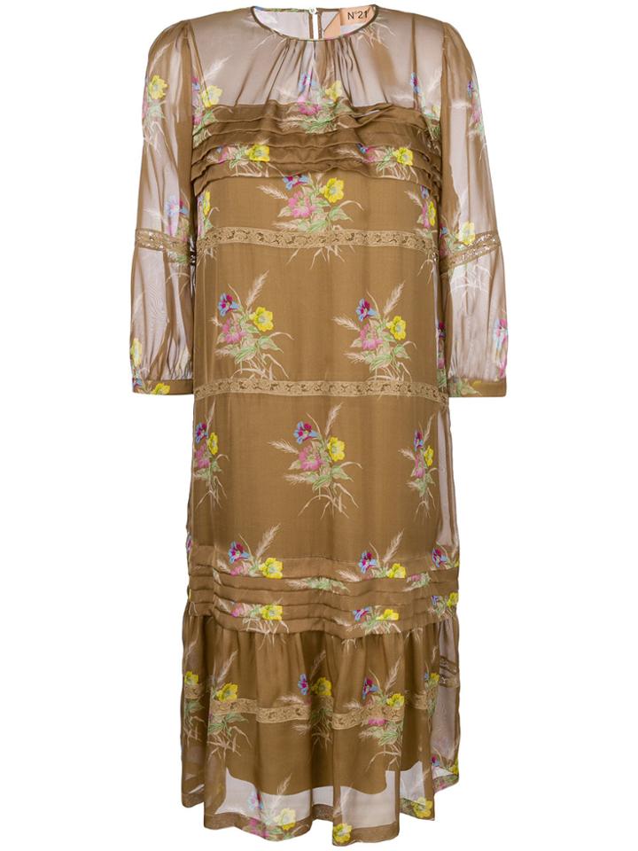 No21 Sheer Top Floral Dress - Brown