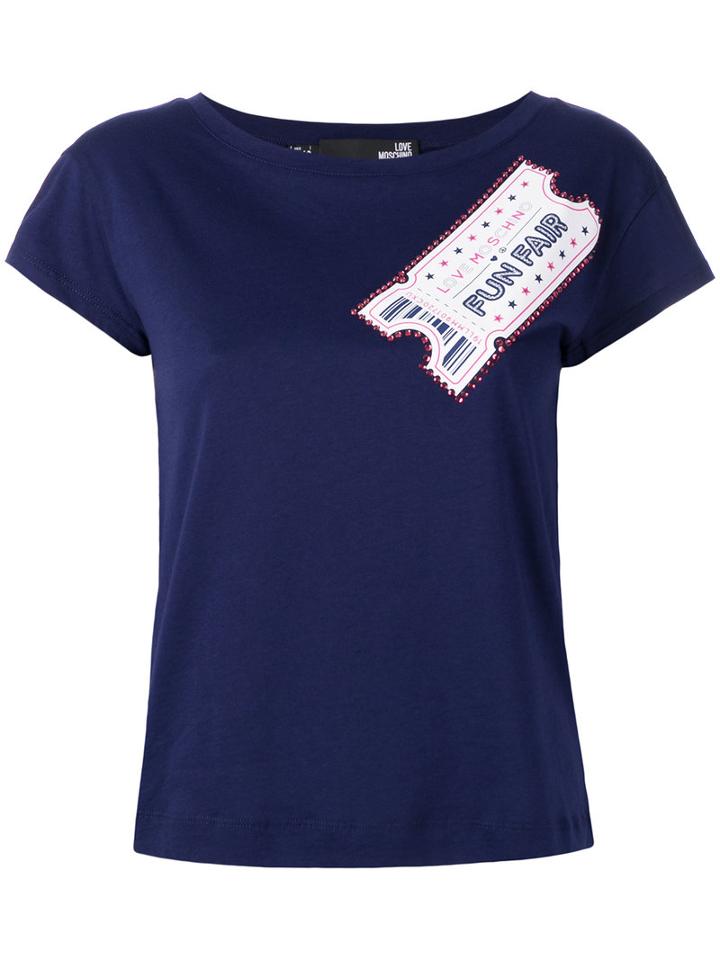 Love Moschino Ticker Print T-shirt, Women's, Size: 44, Blue, Cotton/modal