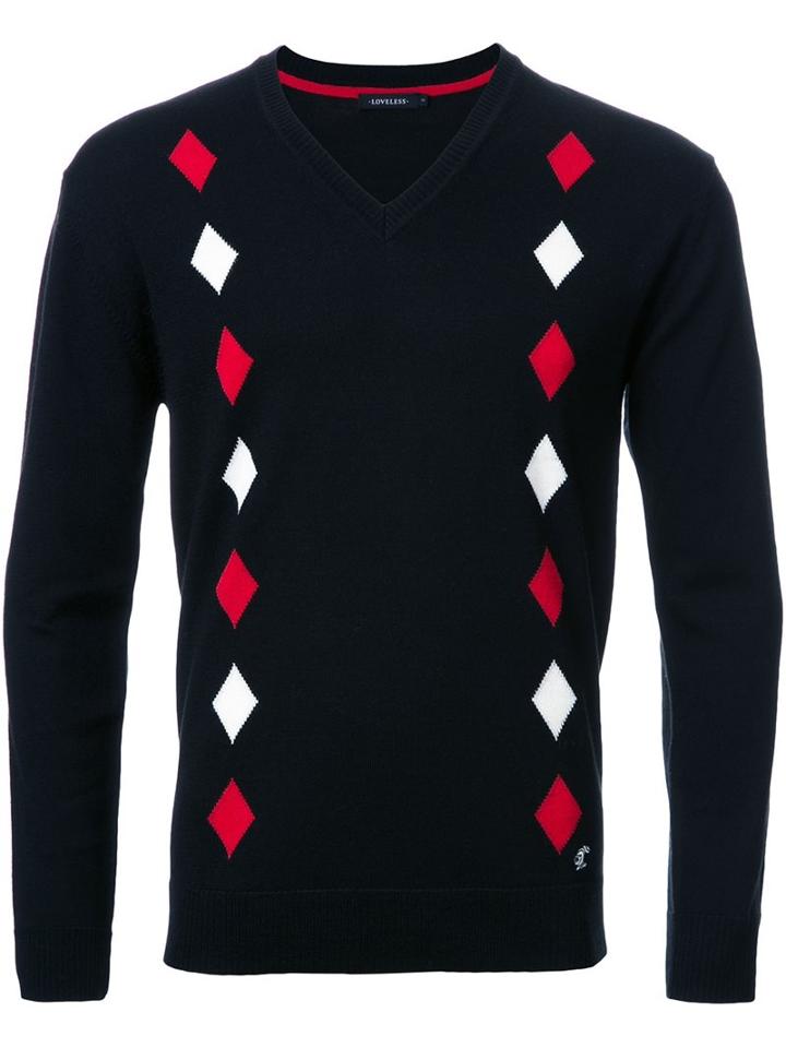 Loveless Diamond Print V Neck Jumper, Men's, Size: 3, Black, Acrylic/wool