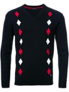 Loveless Diamond Print V Neck Jumper, Men's, Size: 3, Black, Acrylic/wool