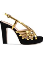 Gucci Velvet And Leather Sandal With Crystals - Gold