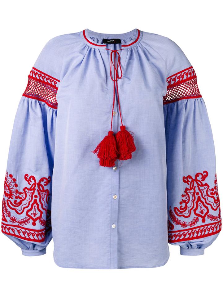 Wandering Embroidered Wide Sleeve Blouse - Blue