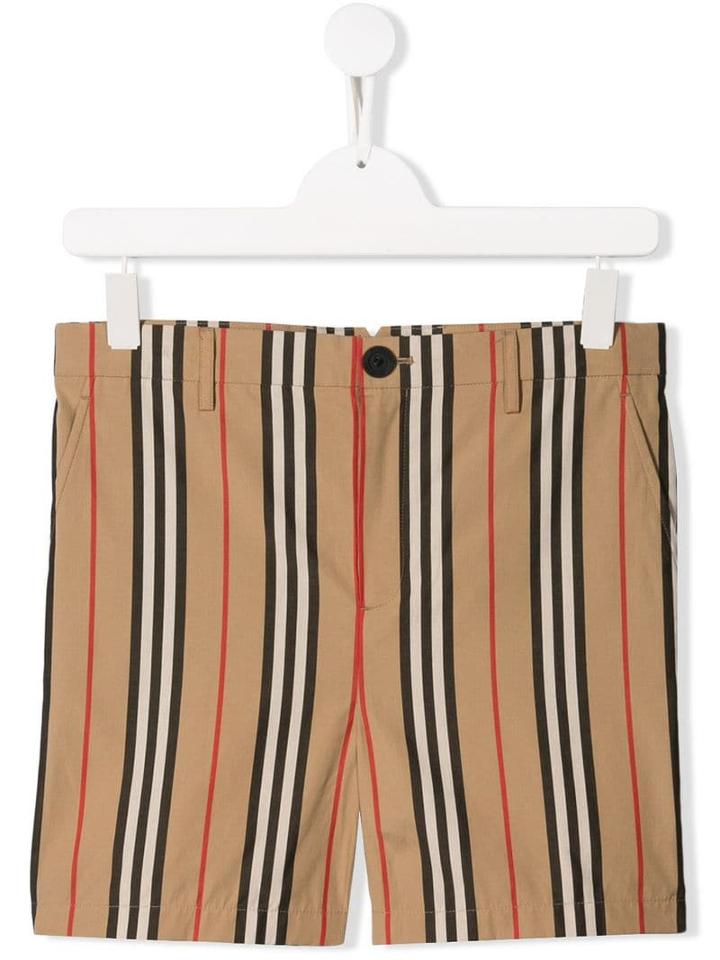Burberry Kids Teen Icon Stripe Cotton Chino Shorts - Neutrals