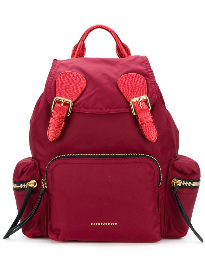 Burberry Medium Rucksack In Technical Nylon And Leather - Red