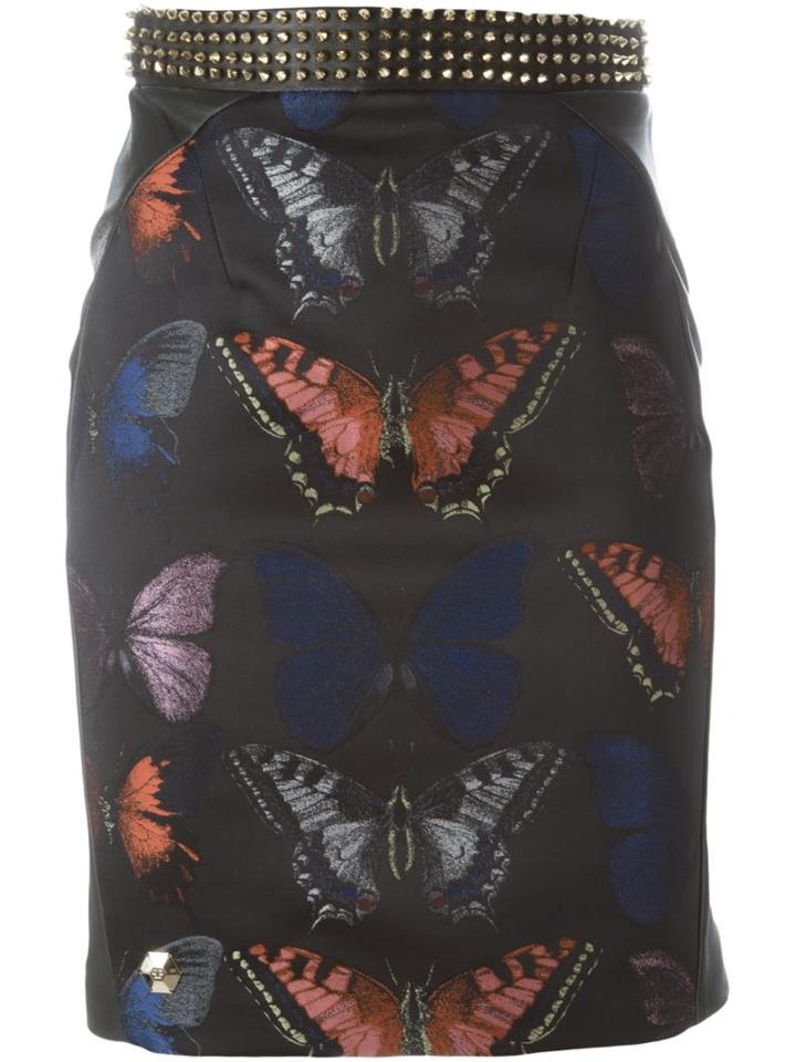 Philipp Plein Butterfly Print Pencil Skirt, Women's, Size: M, Black, Calf Leather/polyester/acrylic/polyamide