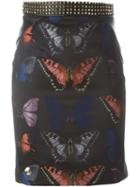 Philipp Plein Butterfly Print Pencil Skirt, Women's, Size: M, Black, Calf Leather/polyester/acrylic/polyamide