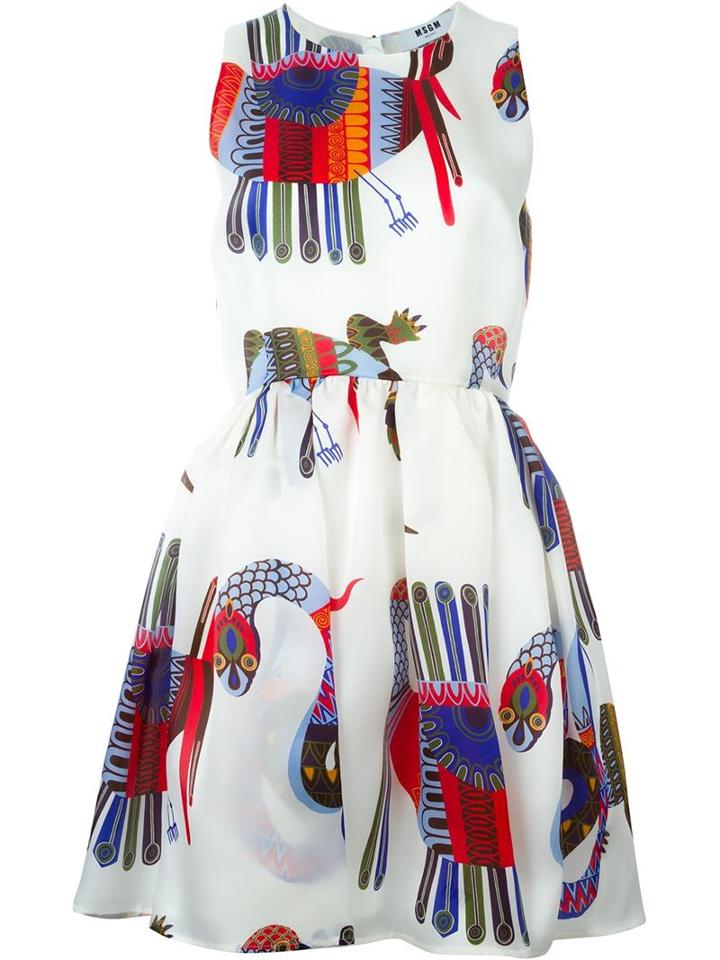 Msgm Printed Flared Dress, Women's, Size: 42, White, Silk/polyester