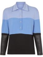 Burberry Long-sleeve Leather Detail Polo Shirt - Blue