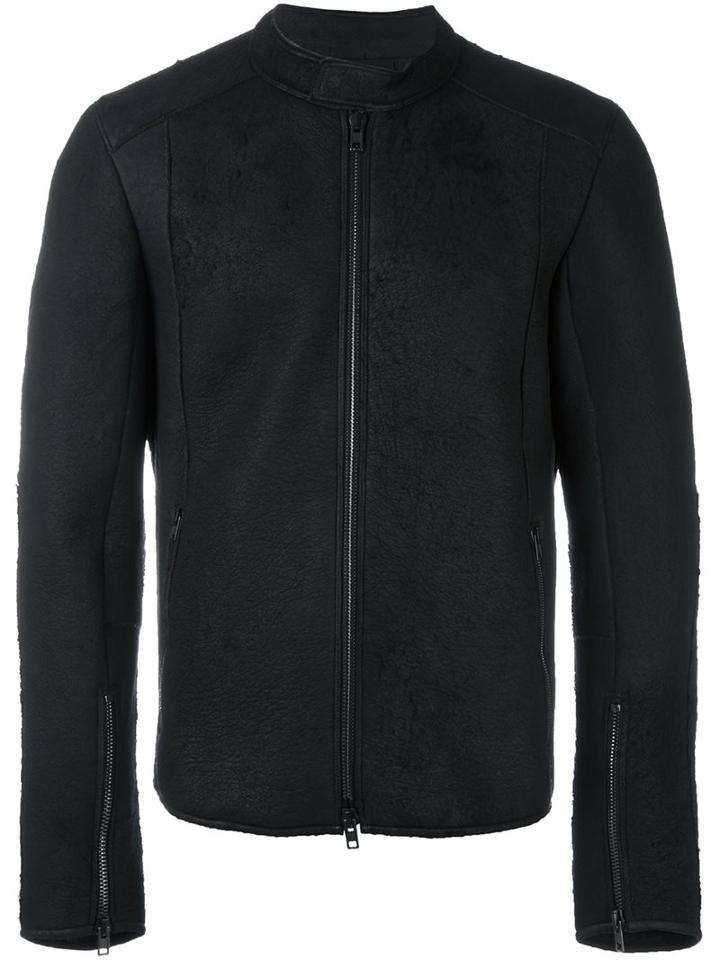 Isabel Benenato Stand Collar Leather Jacket, Men's, Size: 48, Black, Linen/flax/leather/polyamide/yak