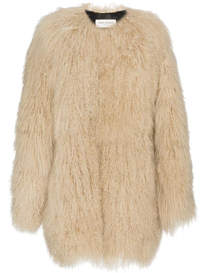 Saint Laurent Oversized Mongolian Lamb Fur Coat - Nude & Neutrals