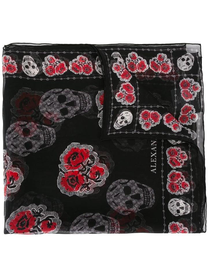 Alexander Mcqueen Skull And Rose Print Scarf, Men's, Black, Silk
