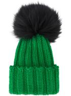 Inverni Green Wide Ribbed Cashmere Hat With Fur Pom Pom