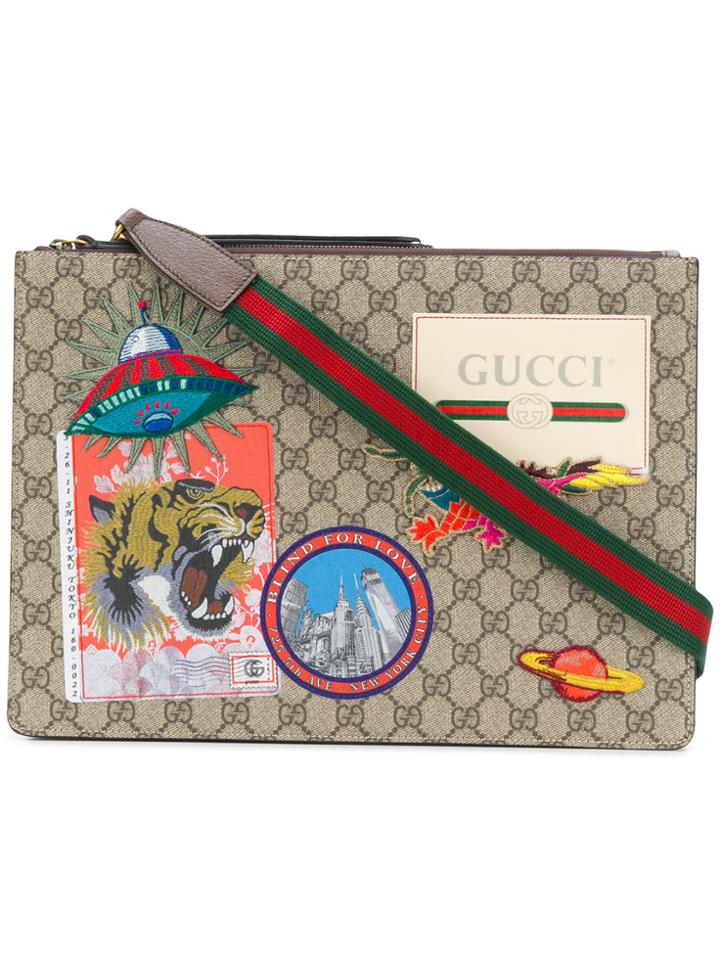 Gucci Embellished Gg Supreme Clutch Bag - Brown