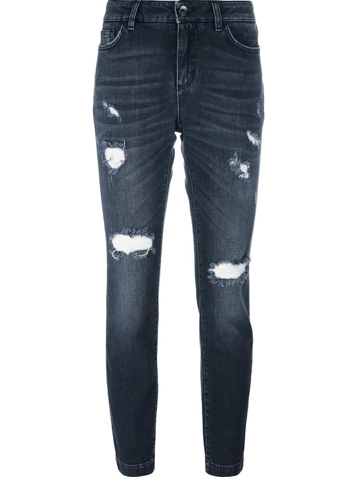 Dolce & Gabbana Distressed Jeans, Women's, Size: 40, Grey, Cotton/calf Leather/spandex/elastane/zamak