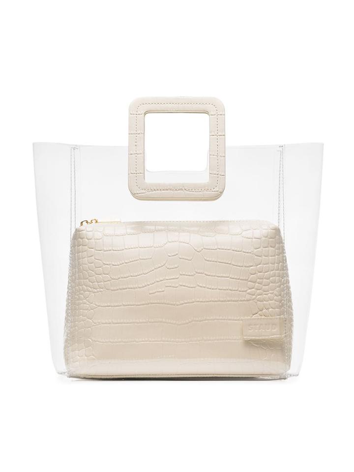 Staud Beige Shirley Croc-embossed Leather And Pvc Tote - Neutrals