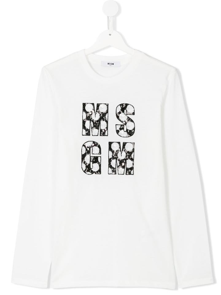 Msgm Kids Logo Sequin Embellished Top - White