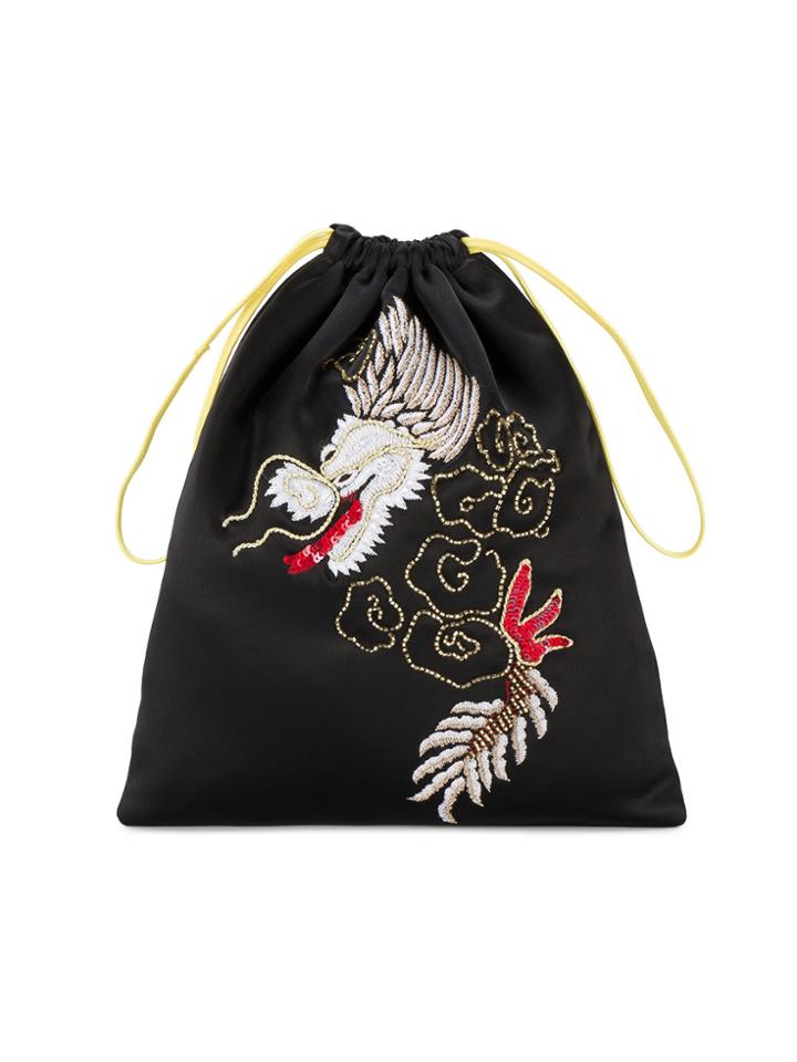 Attico Satin Dragon Embroidered Pouch - Black