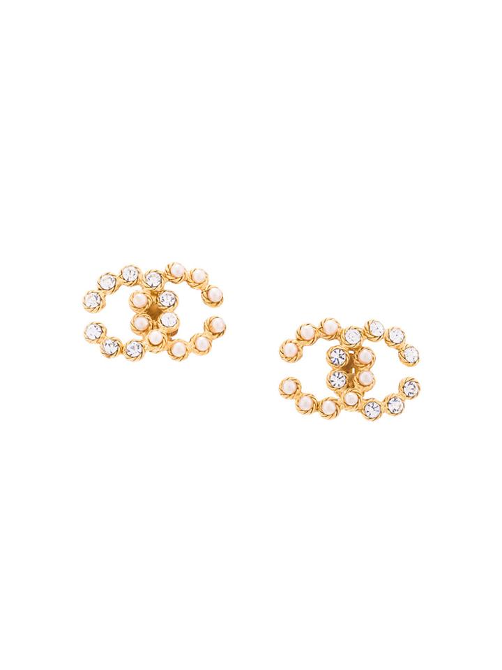 Chanel Vintage Cc Logo Rhinestone Pearl Earrings - Metallic