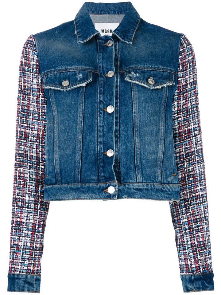 Msgm Embroidered Sleeves Denim Jacket, Women's, Size: 38, Blue, Cotton/viscose/wool/polyester