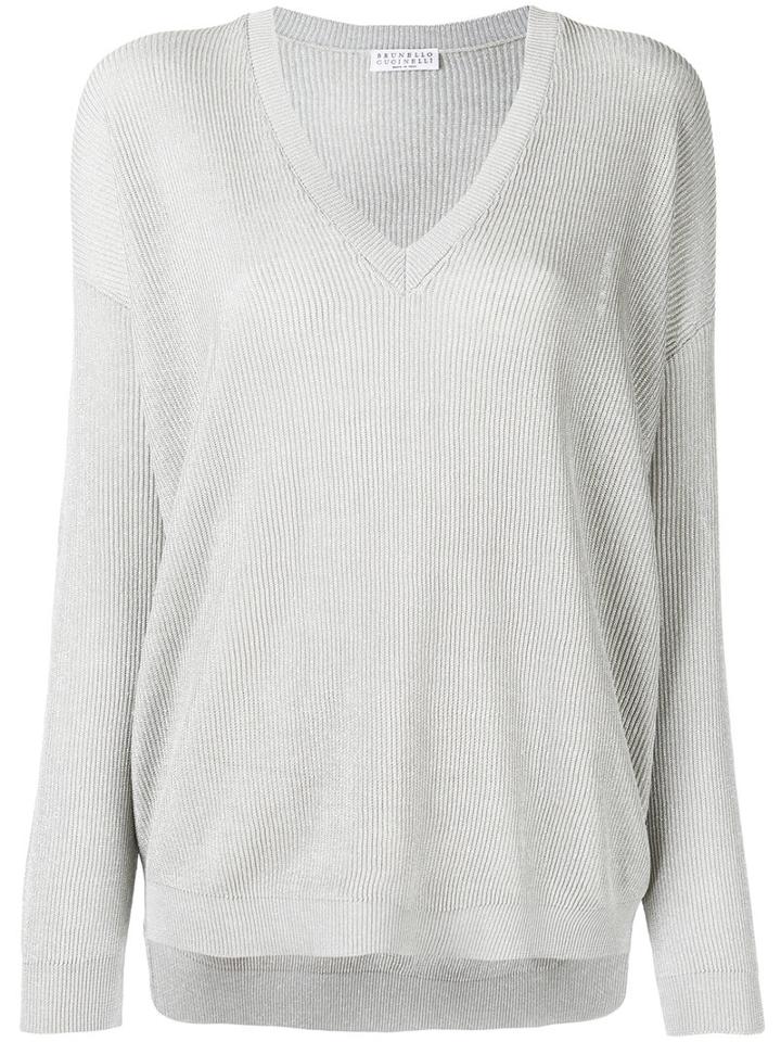 Brunello Cucinelli - V-neck Ribbed Jumper - Women - Cotton/linen/flax/spandex/elastane/cupro - L, Women's, Grey, Cotton/linen/flax/spandex/elastane/cupro