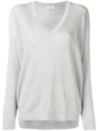 Brunello Cucinelli - V-neck Ribbed Jumper - Women - Cotton/linen/flax/spandex/elastane/cupro - L, Women's, Grey, Cotton/linen/flax/spandex/elastane/cupro