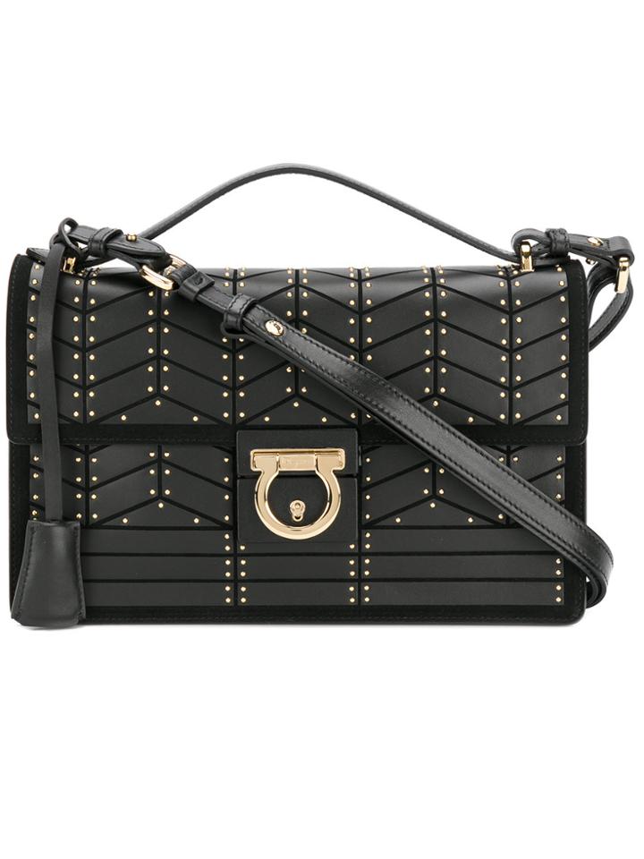 Salvatore Ferragamo Studded Gancio Lock Shoulder Bag - Black