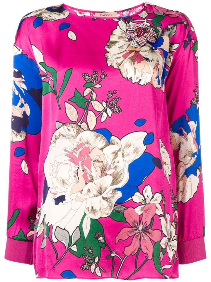Twin-set Lace Back Floral Satin Blouse - Pink