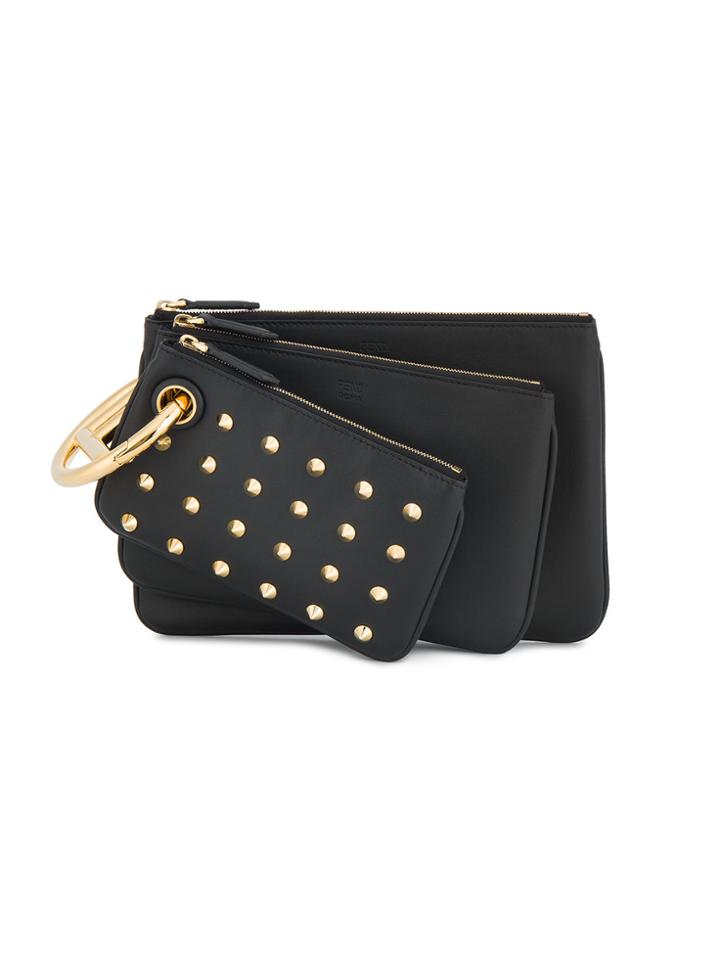 Fendi Leather Coin Purse Trio On Gold Ring - Black